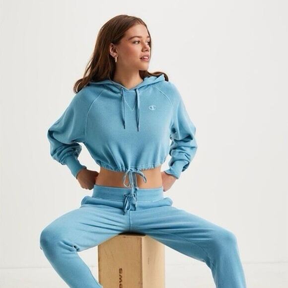 Champion Cropped Hoodie Women M Vintage Blue Reverse Weave Pullover Cinch Waist - Picture 3 of 11